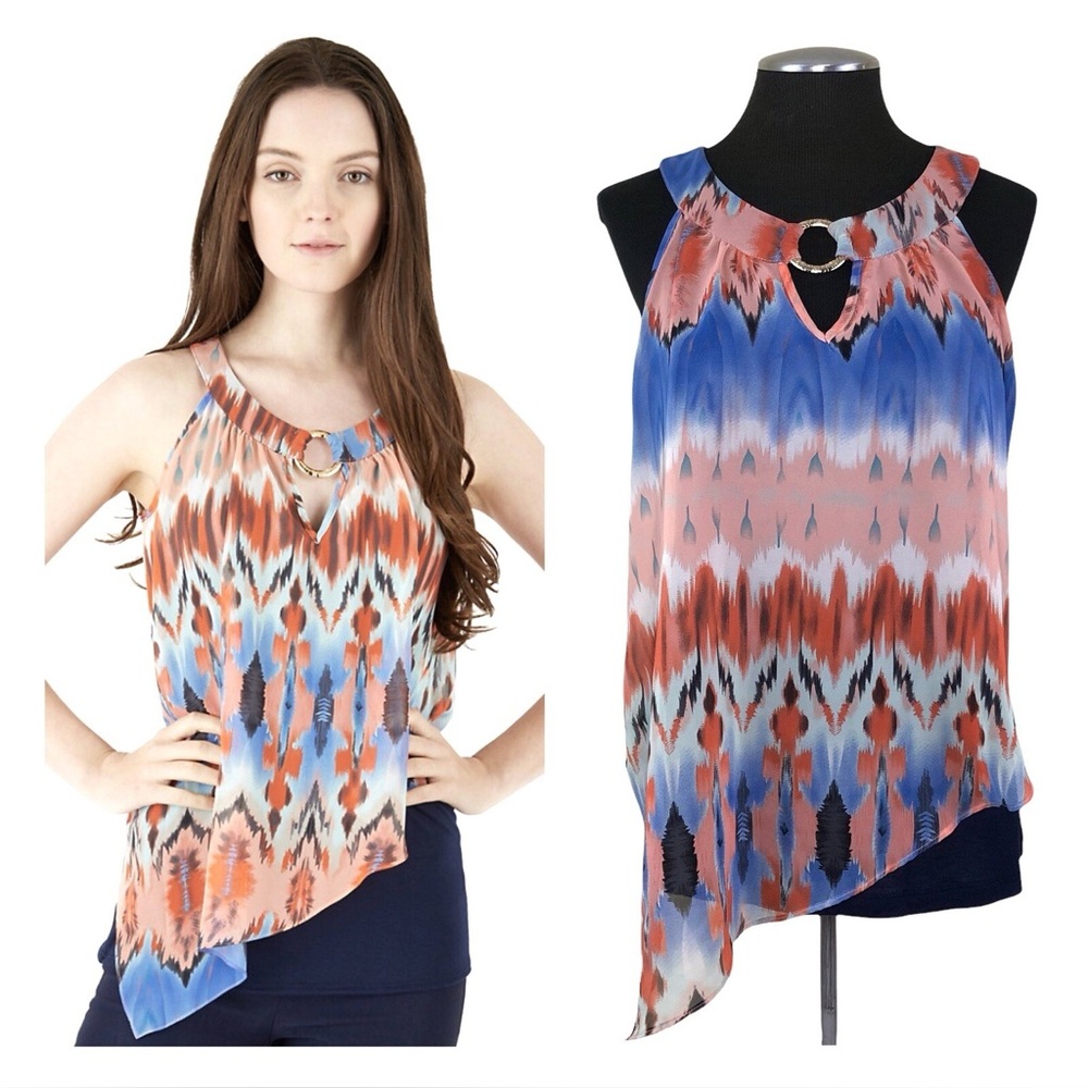BCX Geometric Tank Top Orange Blue Keyhole Gold Ring Asymmetrical Sharkbite Hem